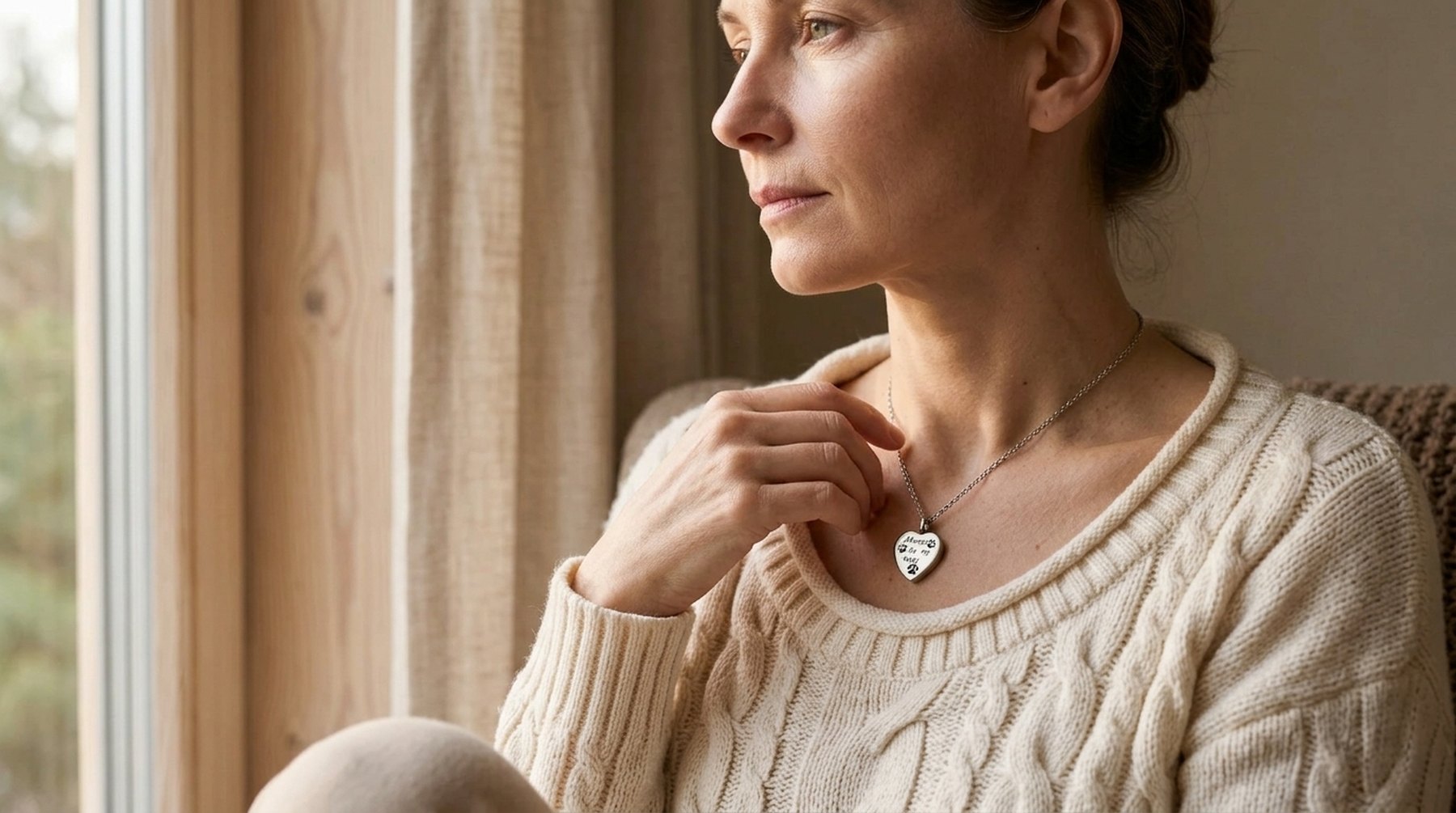 A woman at a window, one hand at her collarbone, wearing a small steel heart pendant engraved with paw prints